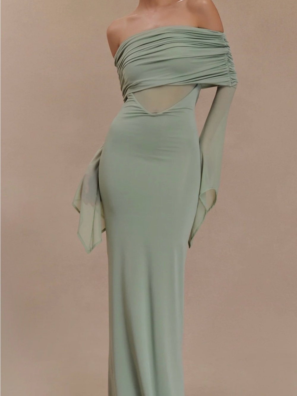 Meshki Sage Green One-Shoulder Evening Gown